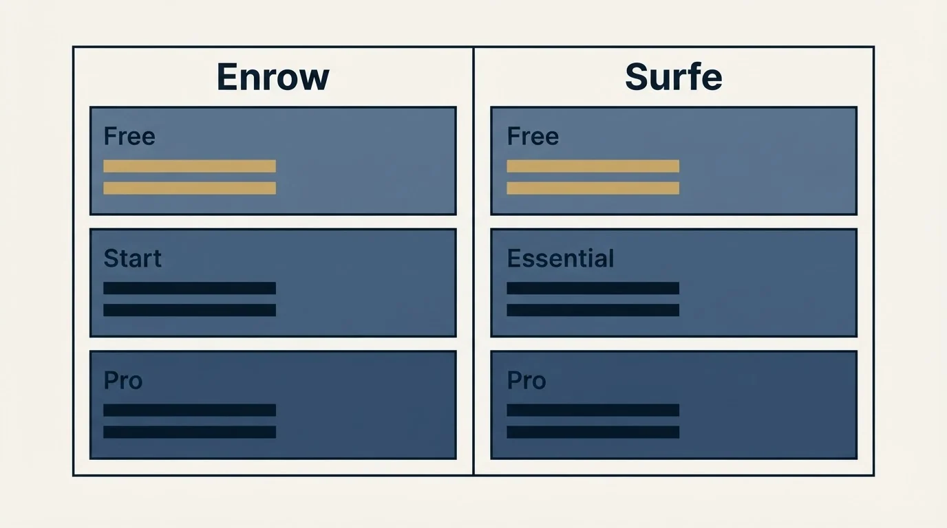 Pricing table: Pricing Comparison (Enrow, Surfe, Free, Start)