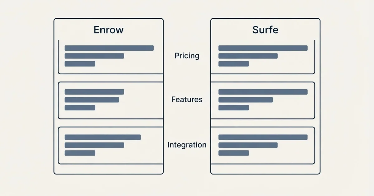 Comparison panel: Enrow vs Surfe (Pricing, Features, Integration)
