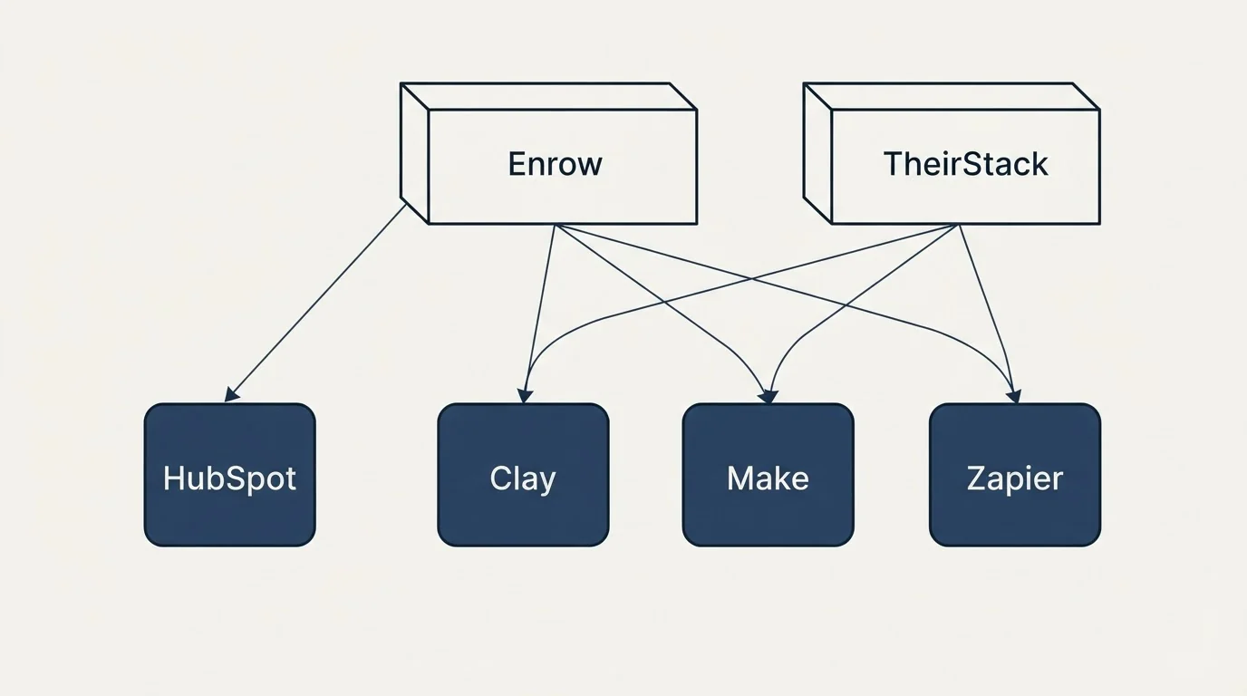 Integration grid: Integration Ecosystem (Enrow, TheirStack, Clay, Make)