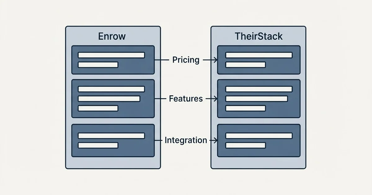 Comparison panel: Enrow vs TheirStack (Pricing, Features, Integration)