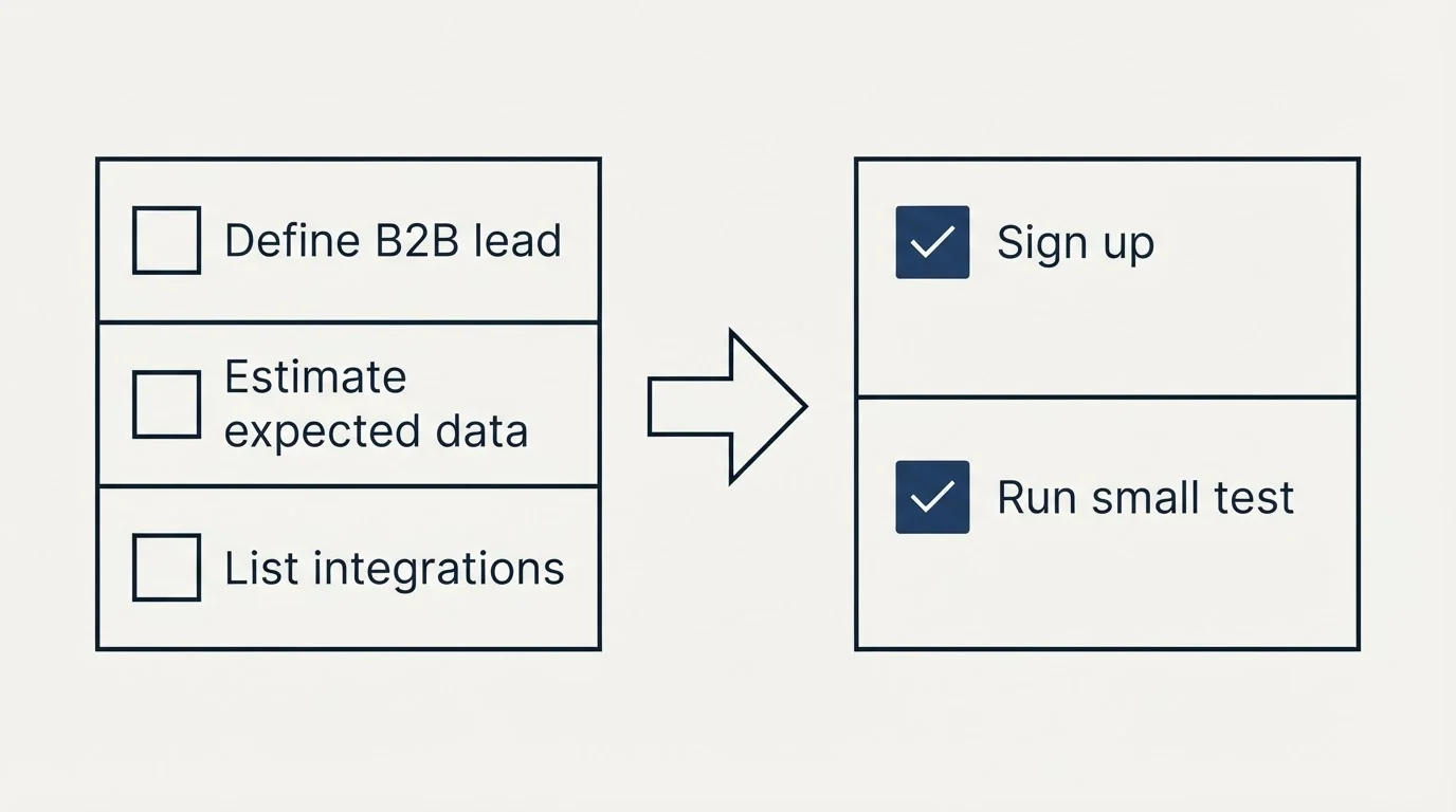 Before-and-after steps: Getting Started Checklist (Define B2B lead, Estimate expected data, List integrations, Sign up)