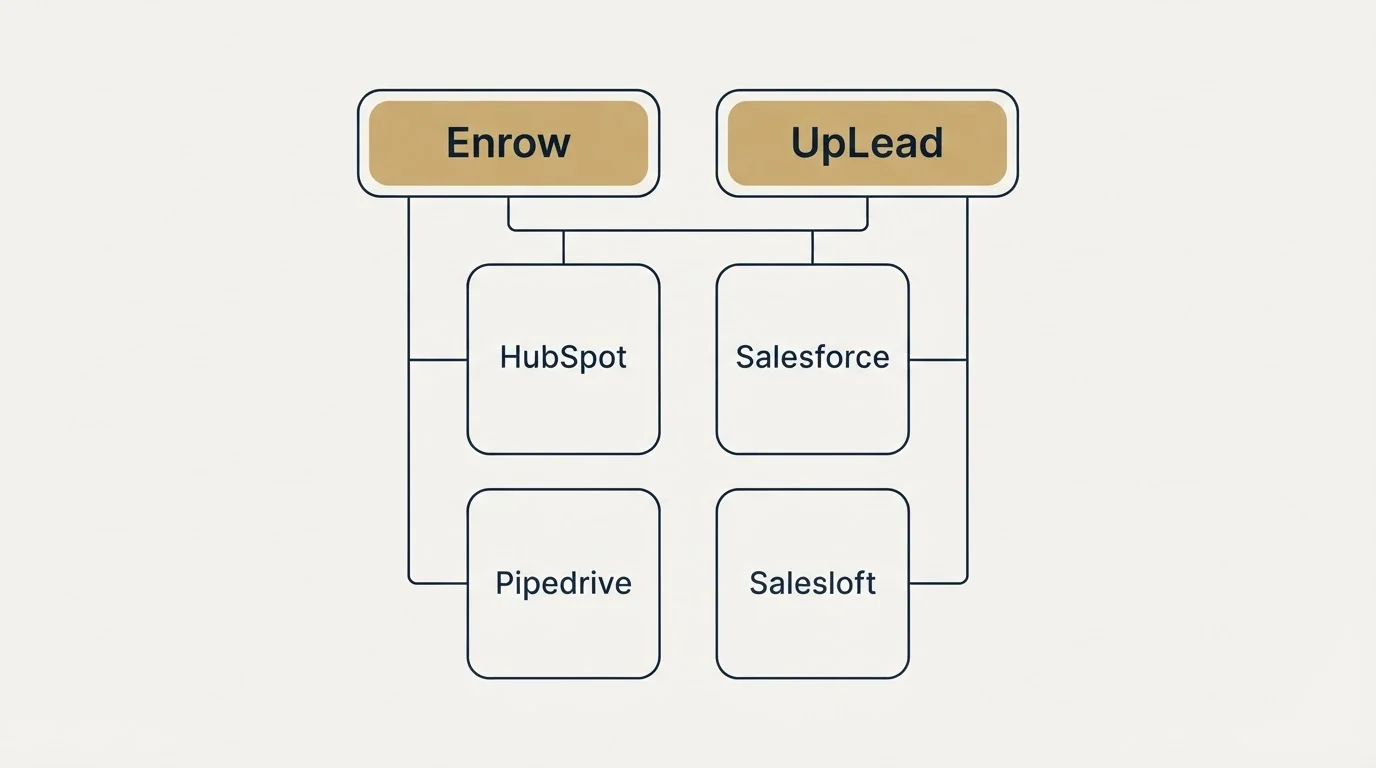 Integration grid: Integration Ecosystem (Enrow, UpLead, HubSpot, Salesforce)