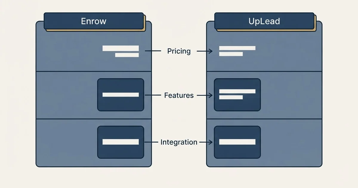 Comparison panel: Enrow vs UpLead (Pricing, Features, Integration)