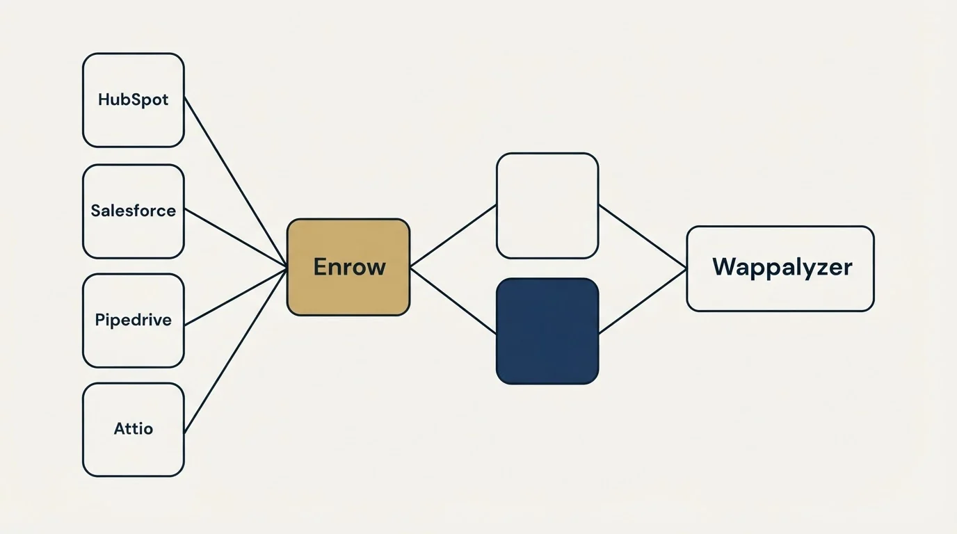 Integration schematic: Integration Ecosystem (Enrow, Wappalyzer, HubSpot, Salesforce)