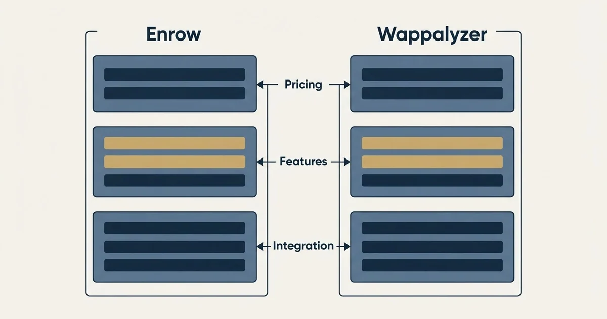 Comparison panel: Enrow vs Wappalyzer (Pricing, Features, Integration)