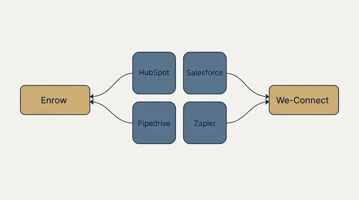 Integration schematic: Integration Ecosystem (Enrow, We-Connect, HubSpot, Salesforce)