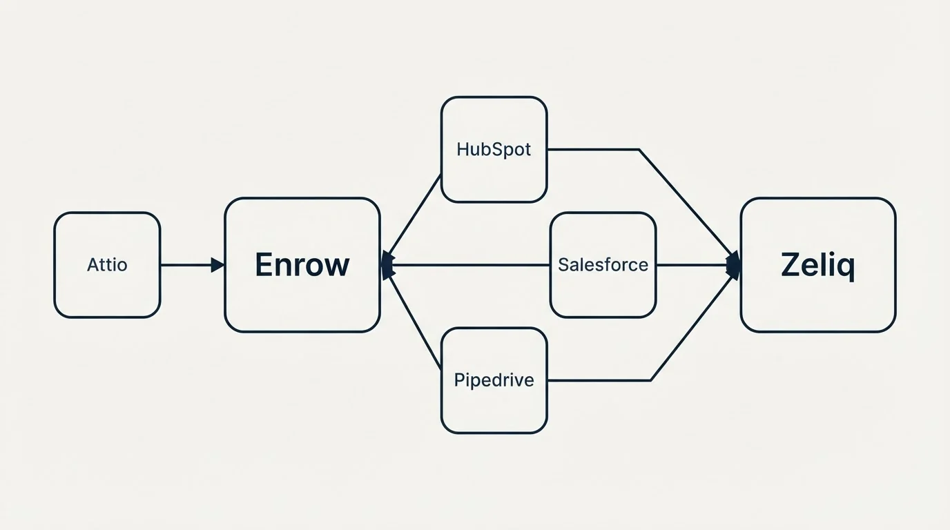 Integration schematic: Integration Ecosystem (Enrow, Zeliq, HubSpot, Salesforce)
