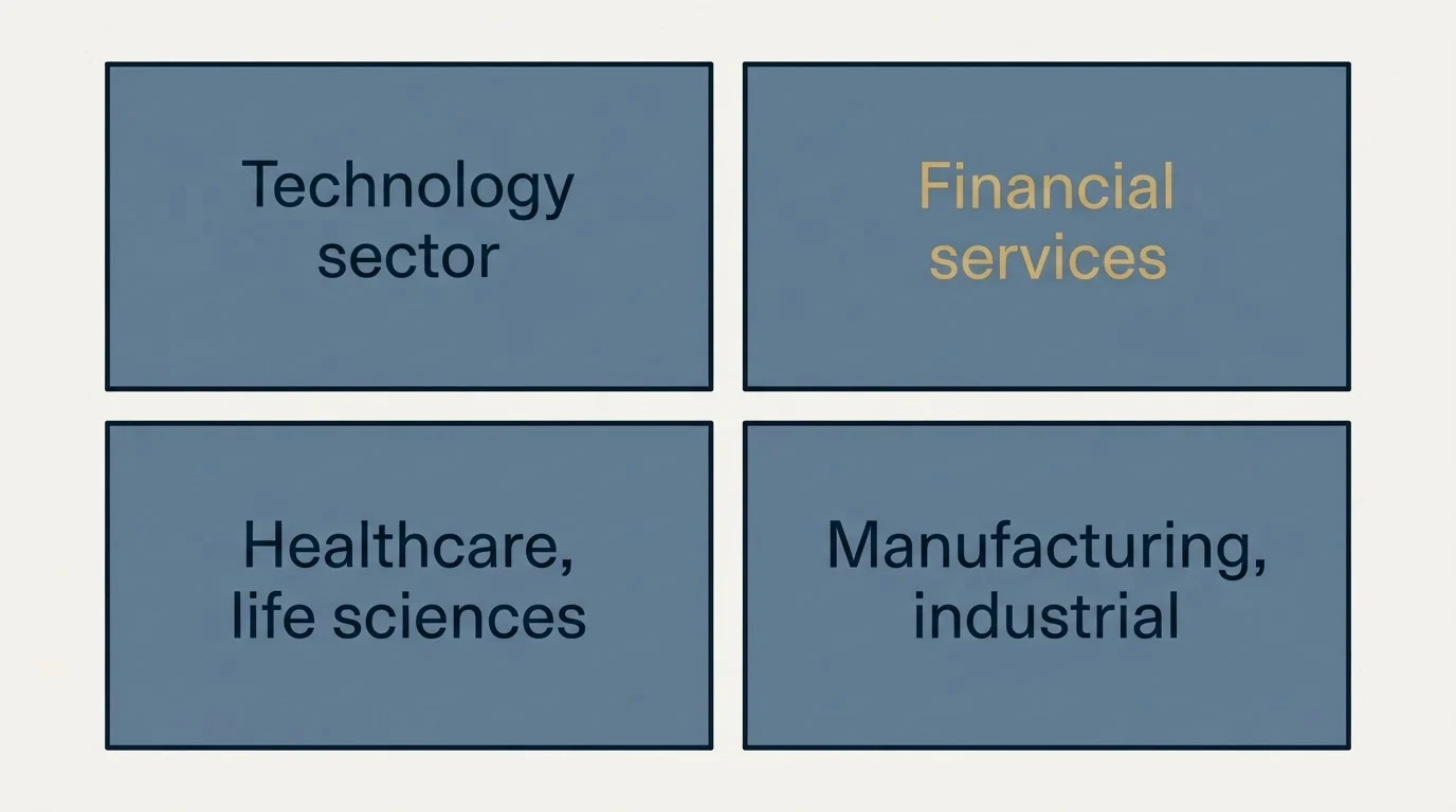 Schematic: Enterprise Benchmarks by Industry Vertical (Technology sector, Financial services, Healthcare, life sciences, Manufacturing, industrial)