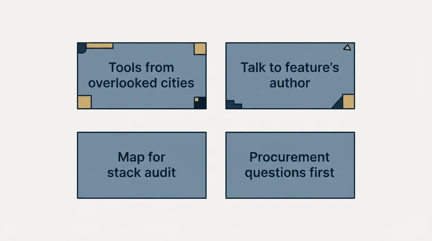 Schematic: The actual story (Tools from overlooked cities, Talk to feature's author, Map for stack audit, Procurement questions first)