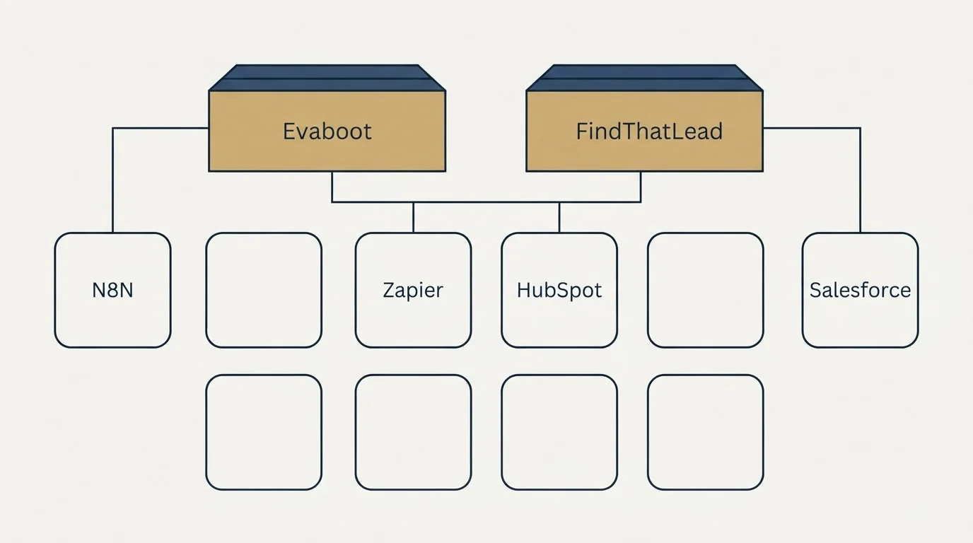 Integration grid: Integration Ecosystem (Evaboot, FindThatLead, Zapier, HubSpot)