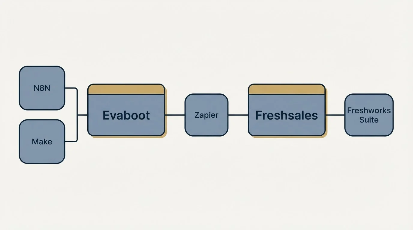 Integration schematic: Integration Ecosystem (Evaboot, Freshsales, Zapier, N8N)