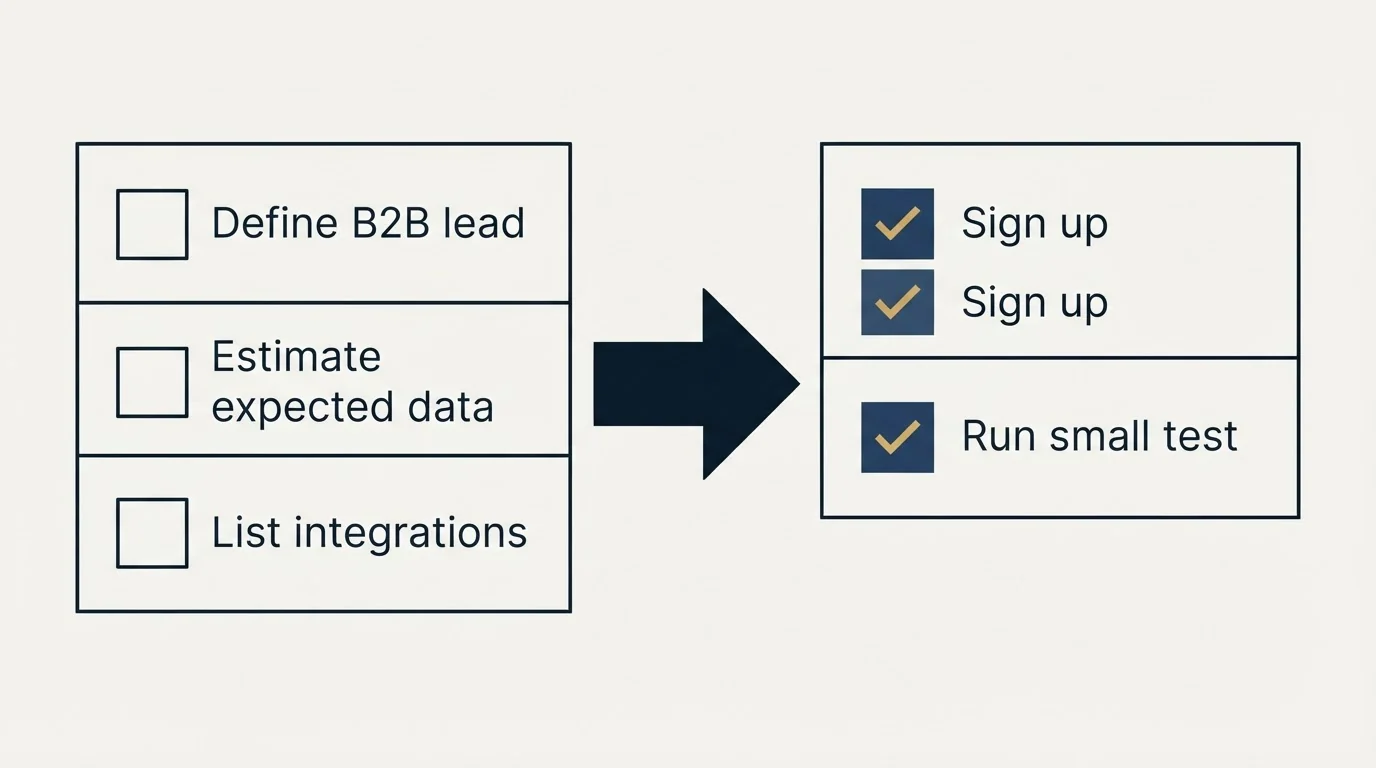 Before-and-after steps: Getting Started Checklist (Define B2B lead, Estimate expected data, List integrations, Sign up)