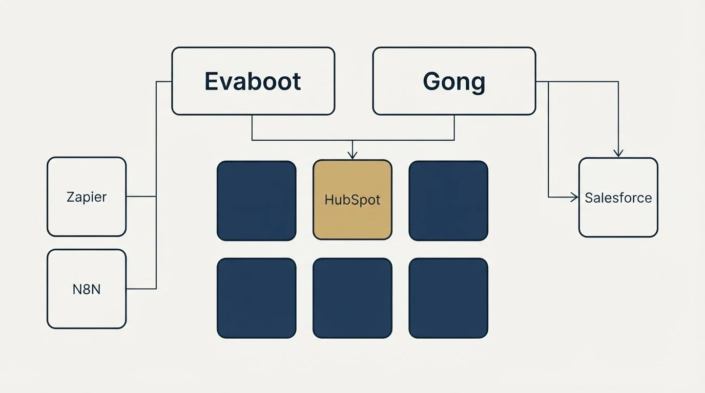 Integration grid: Integration Ecosystem (Evaboot, Gong, HubSpot, Zapier)
