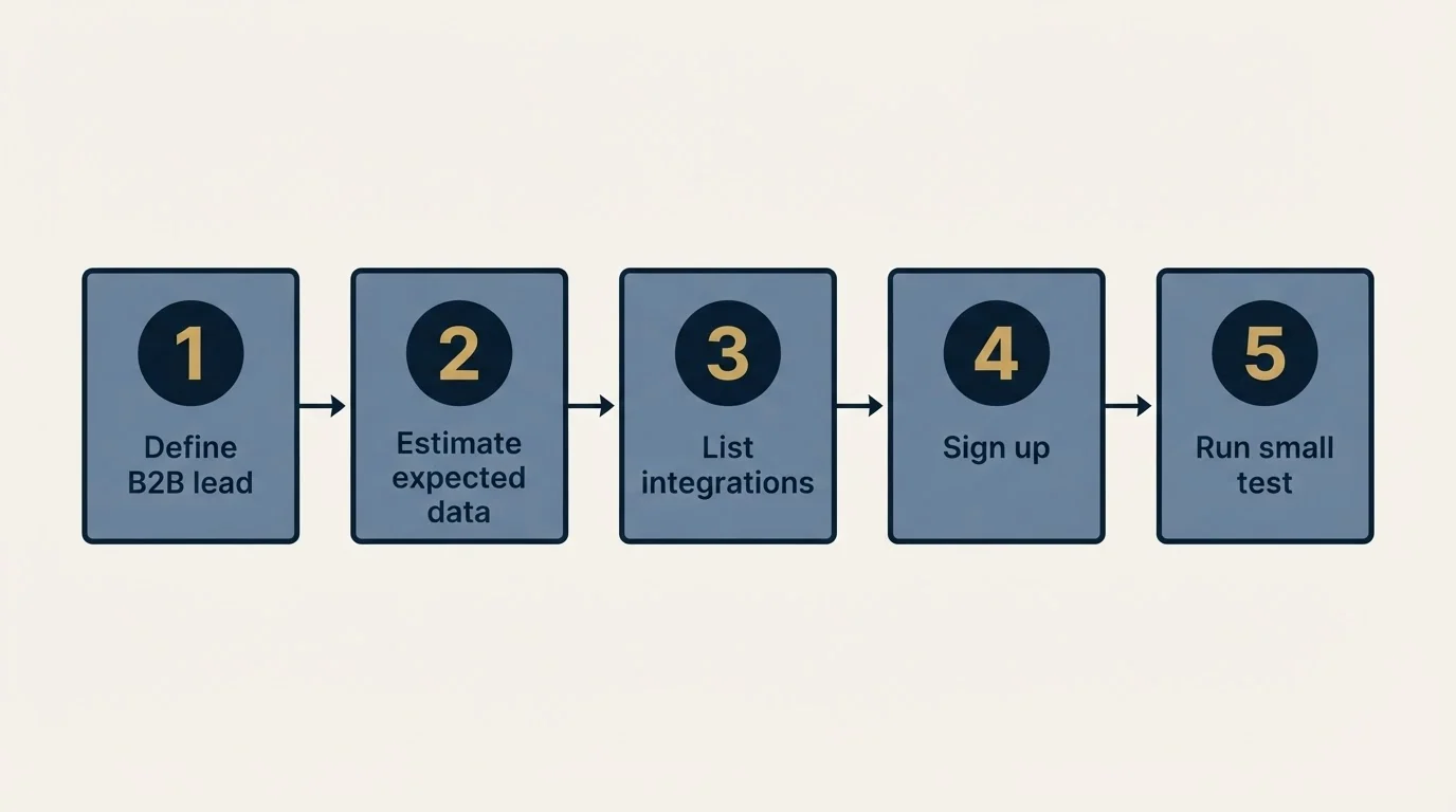 Step sequence: Getting Started Checklist (Define B2B lead, Estimate expected data, List integrations, Sign up)