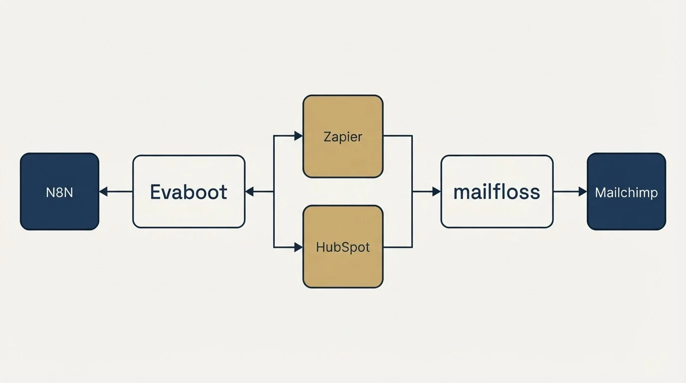 Integration flow: Integration Ecosystem (Evaboot, mailfloss, Zapier, HubSpot)