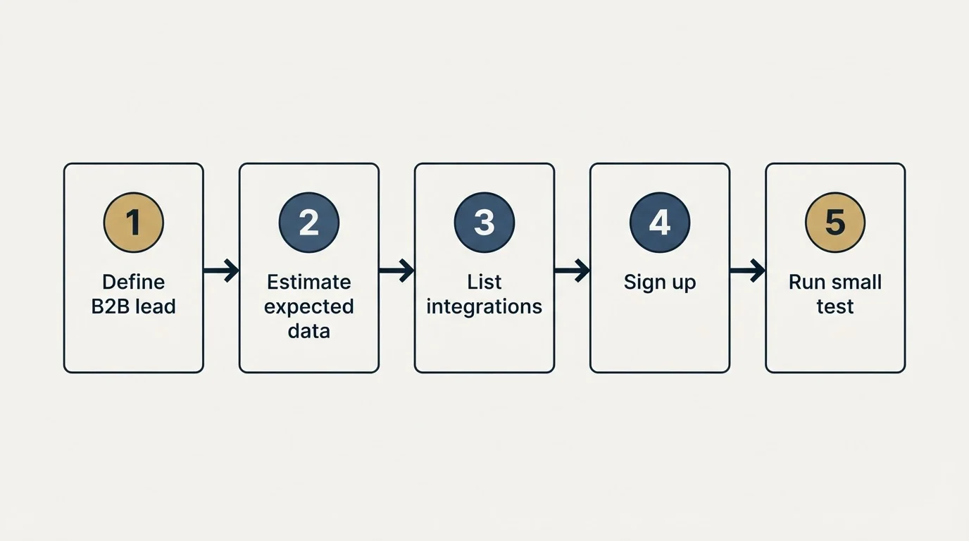 Step sequence: Getting Started Checklist (Define B2B lead, Estimate expected data, List integrations, Sign up)