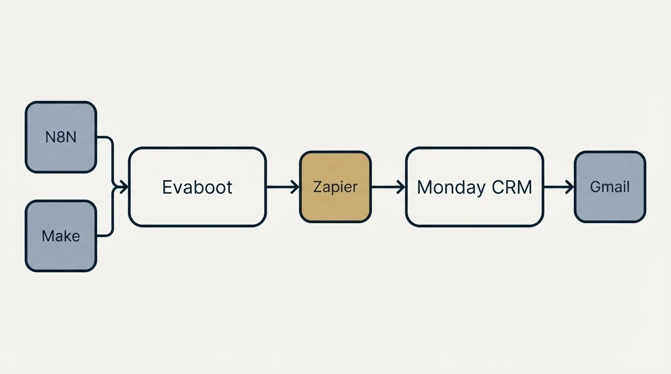 Integration flow: Integration Ecosystem (Evaboot, Monday CRM, Zapier, N8N)
