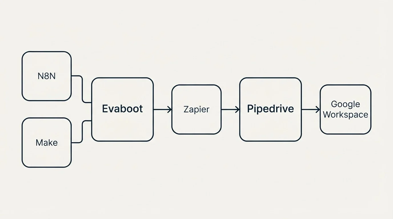 Integration schematic: Integration Ecosystem (Evaboot, Pipedrive, Zapier, N8N)
