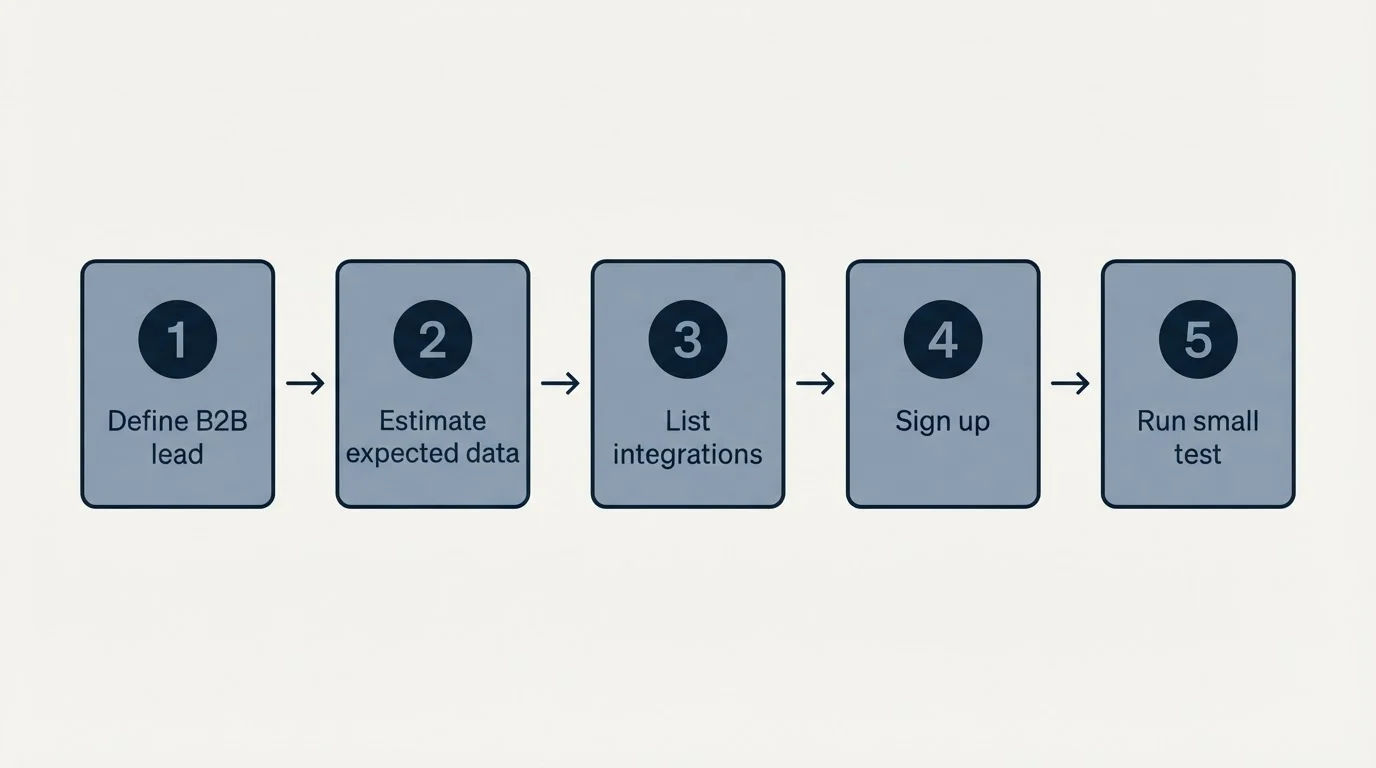 Step sequence: Getting Started Checklist (Define B2B lead, Estimate expected data, List integrations, Sign up)