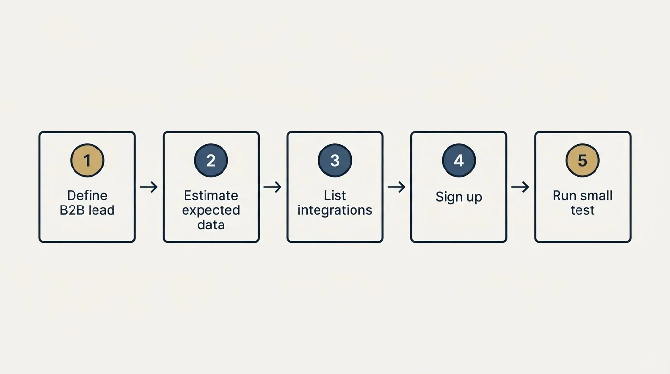 Step sequence: Getting Started Checklist (Define B2B lead, Estimate expected data, List integrations, Sign up)
