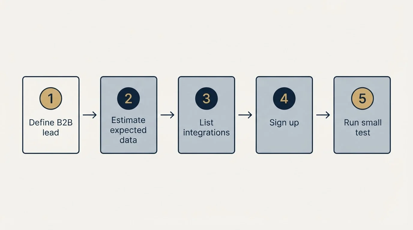 Step sequence: Getting Started Checklist (Define B2B lead, Estimate expected data, List integrations, Sign up)