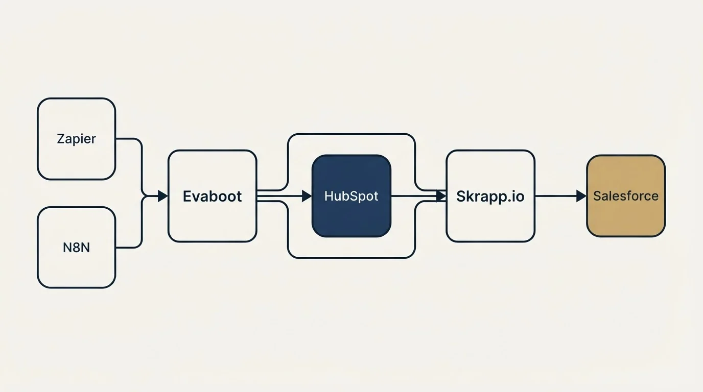 Integration schematic: Integration Ecosystem (Evaboot, Skrapp.io, HubSpot, Zapier)