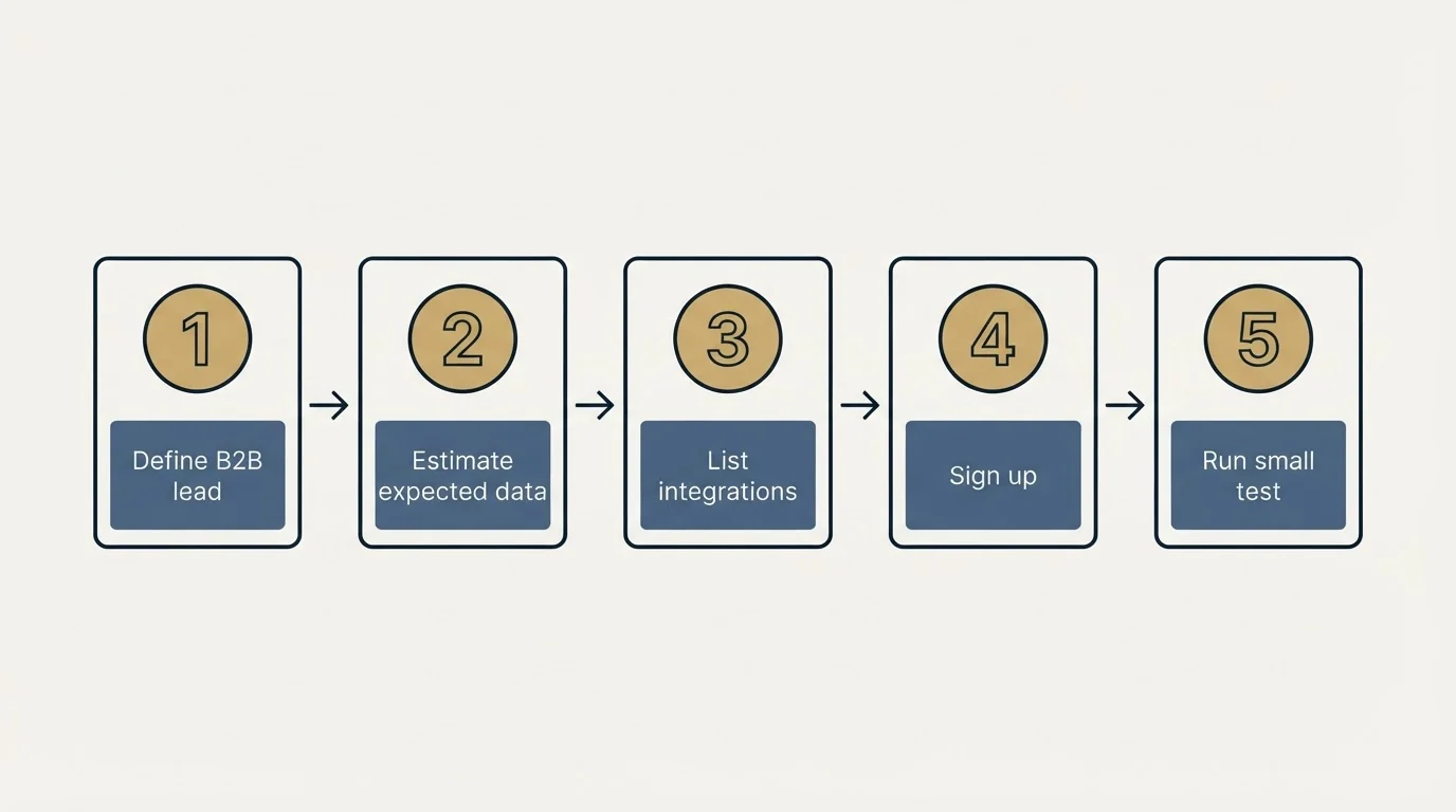 Step sequence: Getting Started Checklist (Define B2B lead, Estimate expected data, List integrations, Sign up)