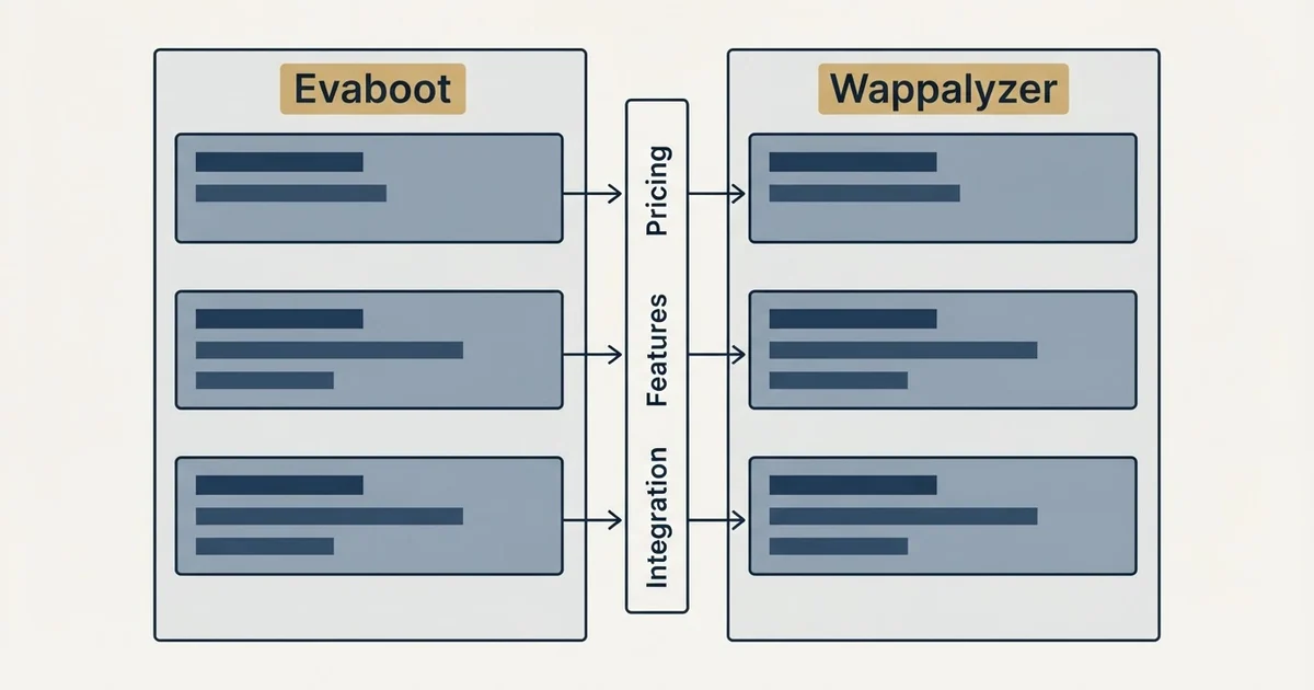 Comparison panel: Evaboot vs Wappalyzer (Pricing, Features, Integration)