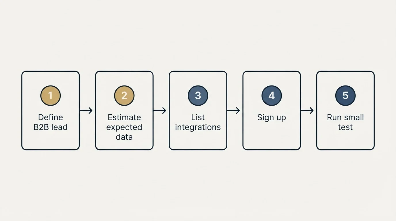 Step sequence: Getting Started Checklist (Define B2B lead, Estimate expected data, List integrations, Sign up)