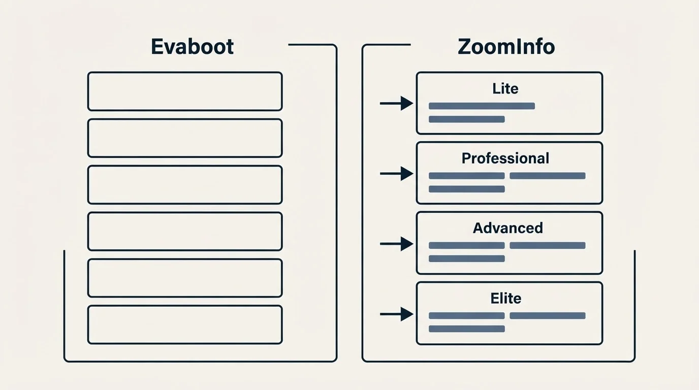 Pricing panels: Pricing Comparison (Evaboot, ZoomInfo, Lite, Professional)