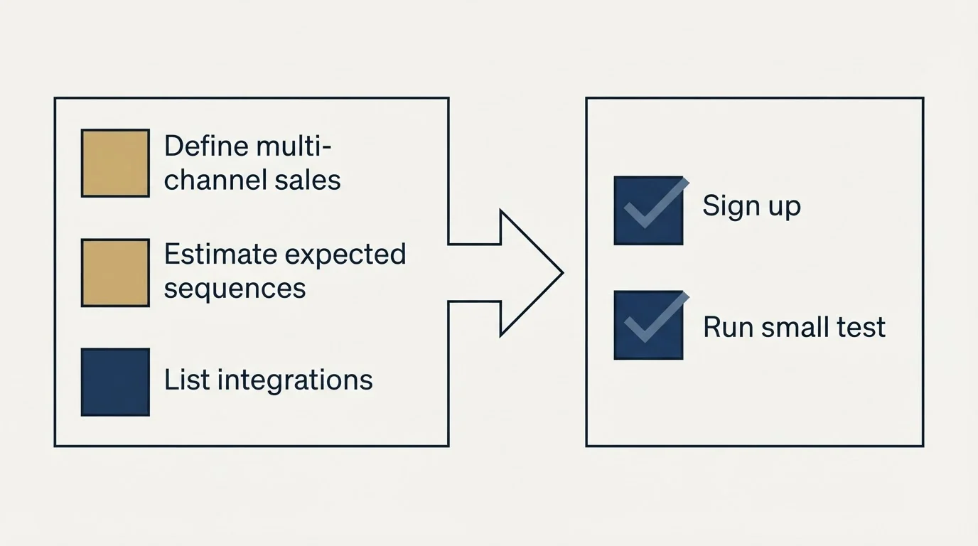 Before-and-after steps: Getting Started Checklist (Define multi-channel sales, Estimate expected sequences, List integrations, Sign up)