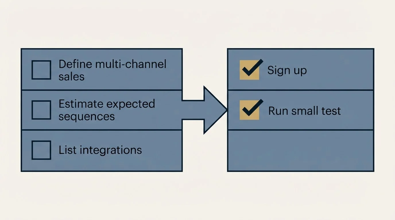 Before-and-after steps: Getting Started Checklist (Define multi-channel sales, Estimate expected sequences, List integrations, Sign up)