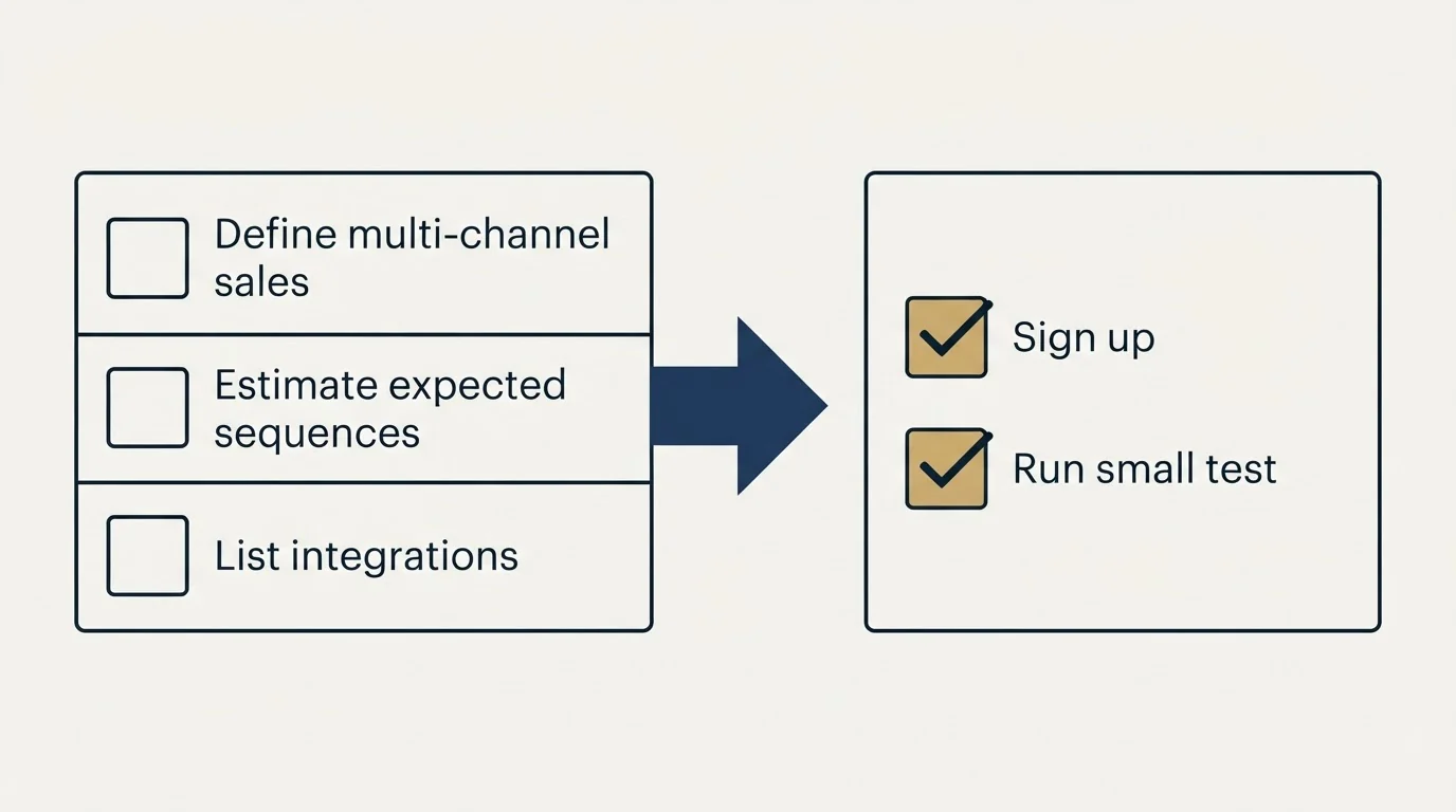 Before-and-after steps: Getting Started Checklist (Define multi-channel sales, Estimate expected sequences, List integrations, Sign up)
