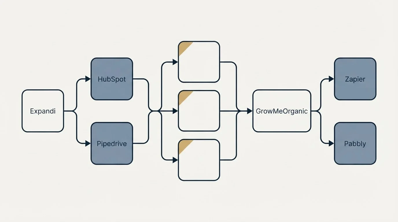 Integration flow: Integration Ecosystem (Expandi, GrowMeOrganic, HubSpot, Zapier)