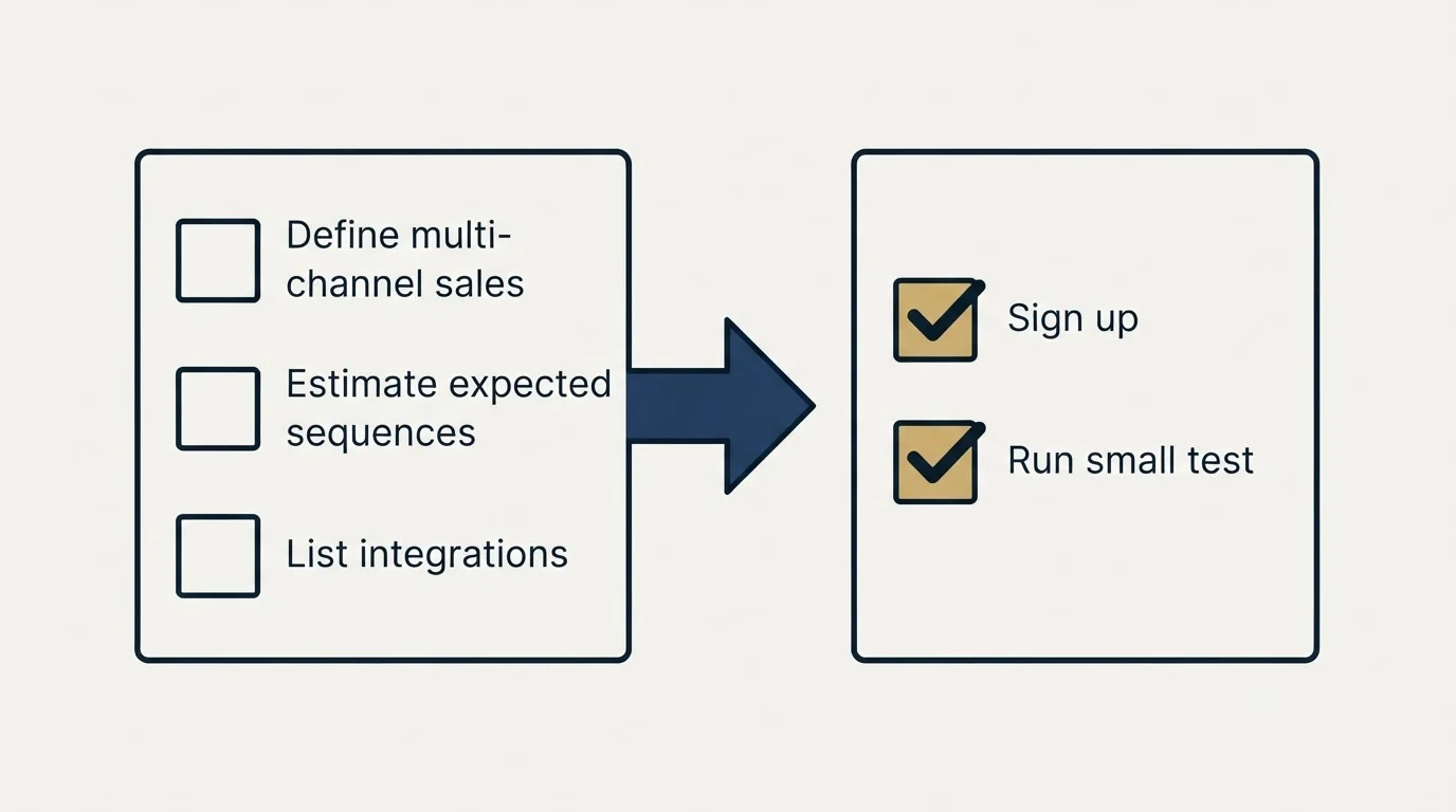 Before-and-after steps: Getting Started Checklist (Define multi-channel sales, Estimate expected sequences, List integrations, Sign up)