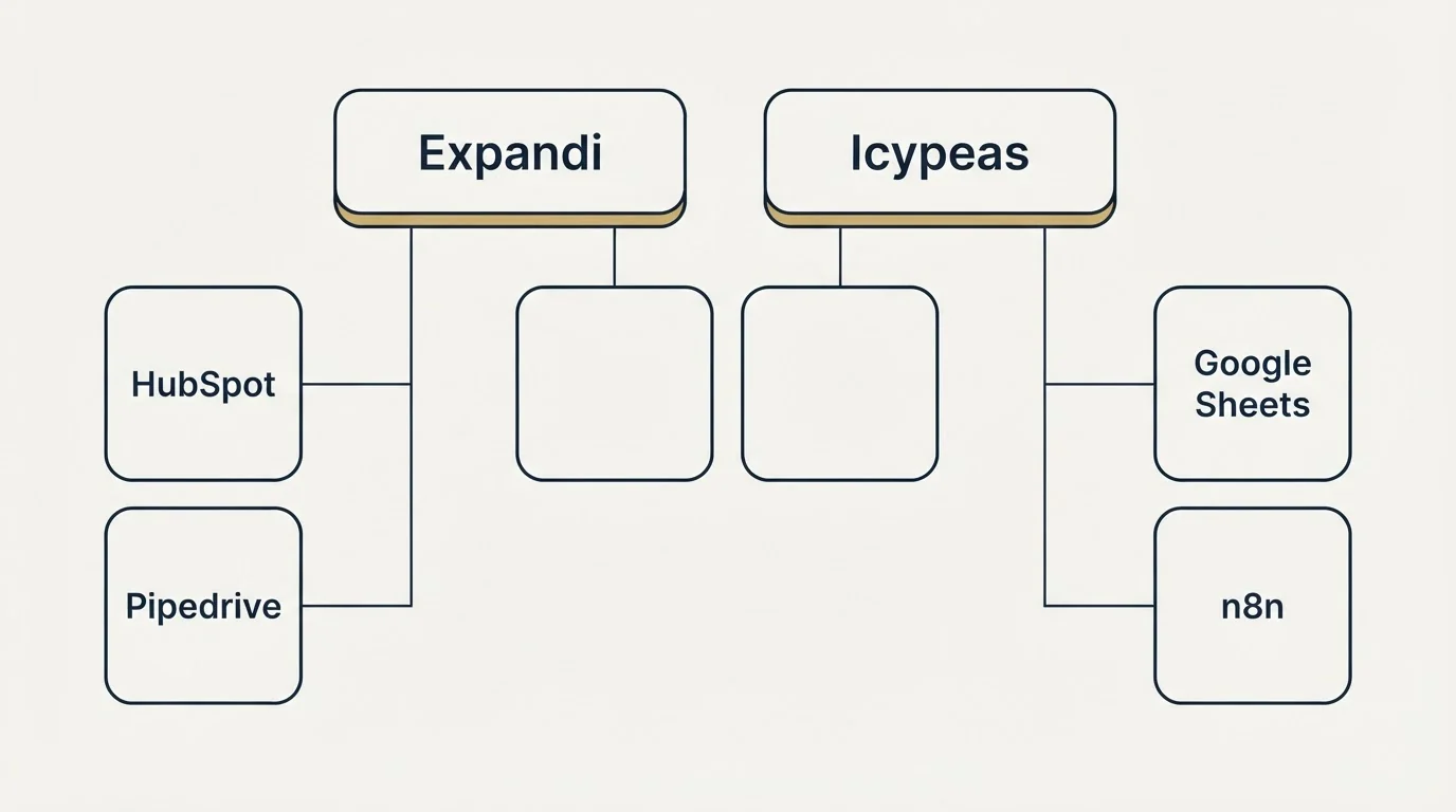 Integration grid: Integration Ecosystem (Expandi, Icypeas, HubSpot, Google Sheets)