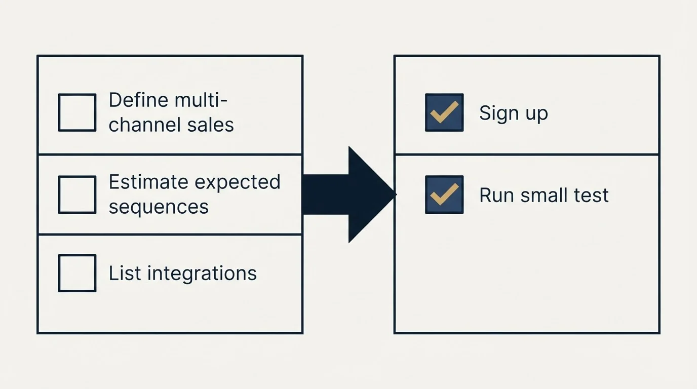 Before-and-after steps: Getting Started Checklist (Define multi-channel sales, Estimate expected sequences, List integrations, Sign up)