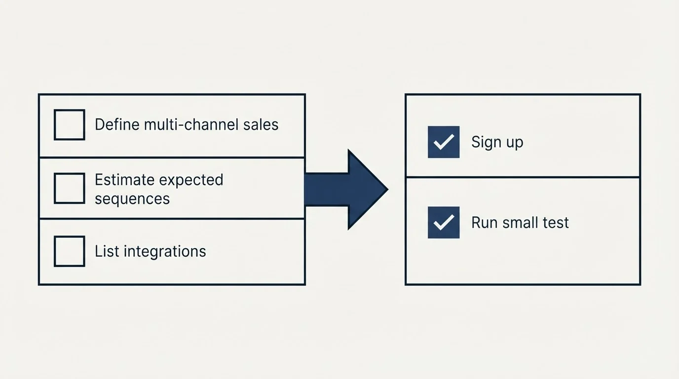 Before-and-after steps: Getting Started Checklist (Define multi-channel sales, Estimate expected sequences, List integrations, Sign up)