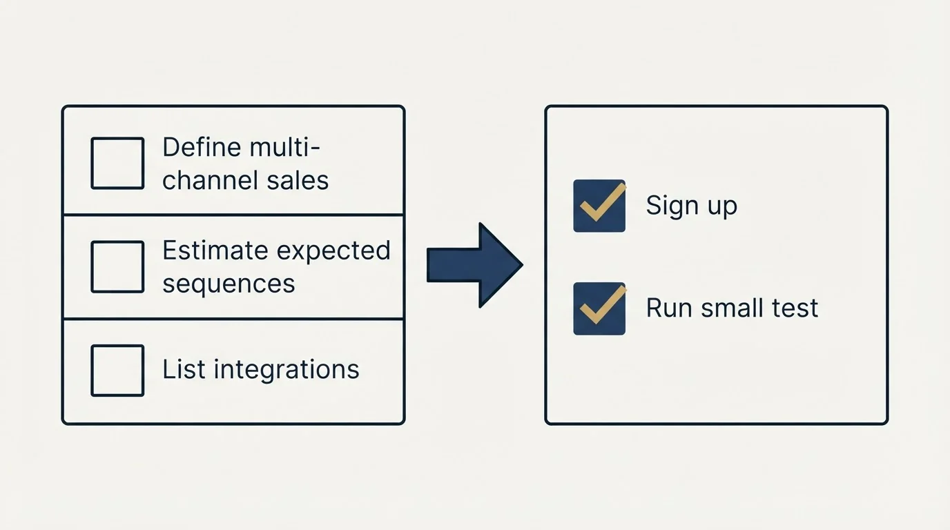 Before-and-after steps: Getting Started Checklist (Define multi-channel sales, Estimate expected sequences, List integrations, Sign up)