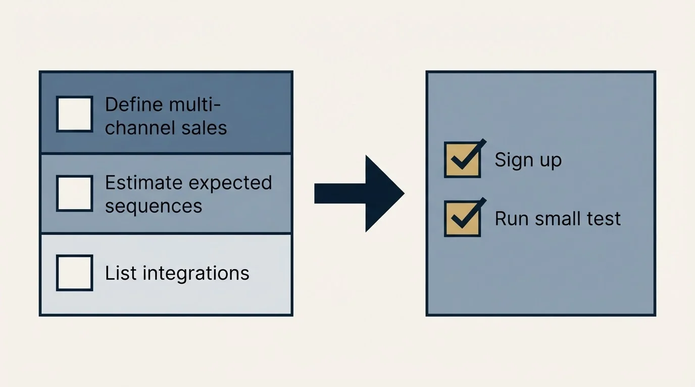 Before-and-after steps: Getting Started Checklist (Define multi-channel sales, Estimate expected sequences, List integrations, Sign up)