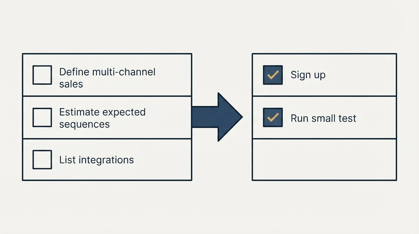 Before-and-after steps: Getting Started Checklist (Define multi-channel sales, Estimate expected sequences, List integrations, Sign up)