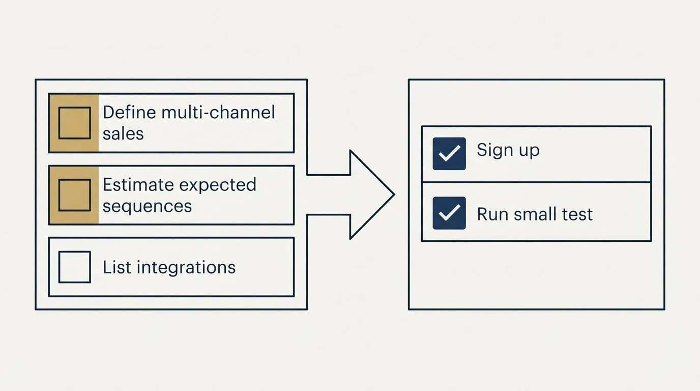 Before-and-after steps: Getting Started Checklist (Define multi-channel sales, Estimate expected sequences, List integrations, Sign up)