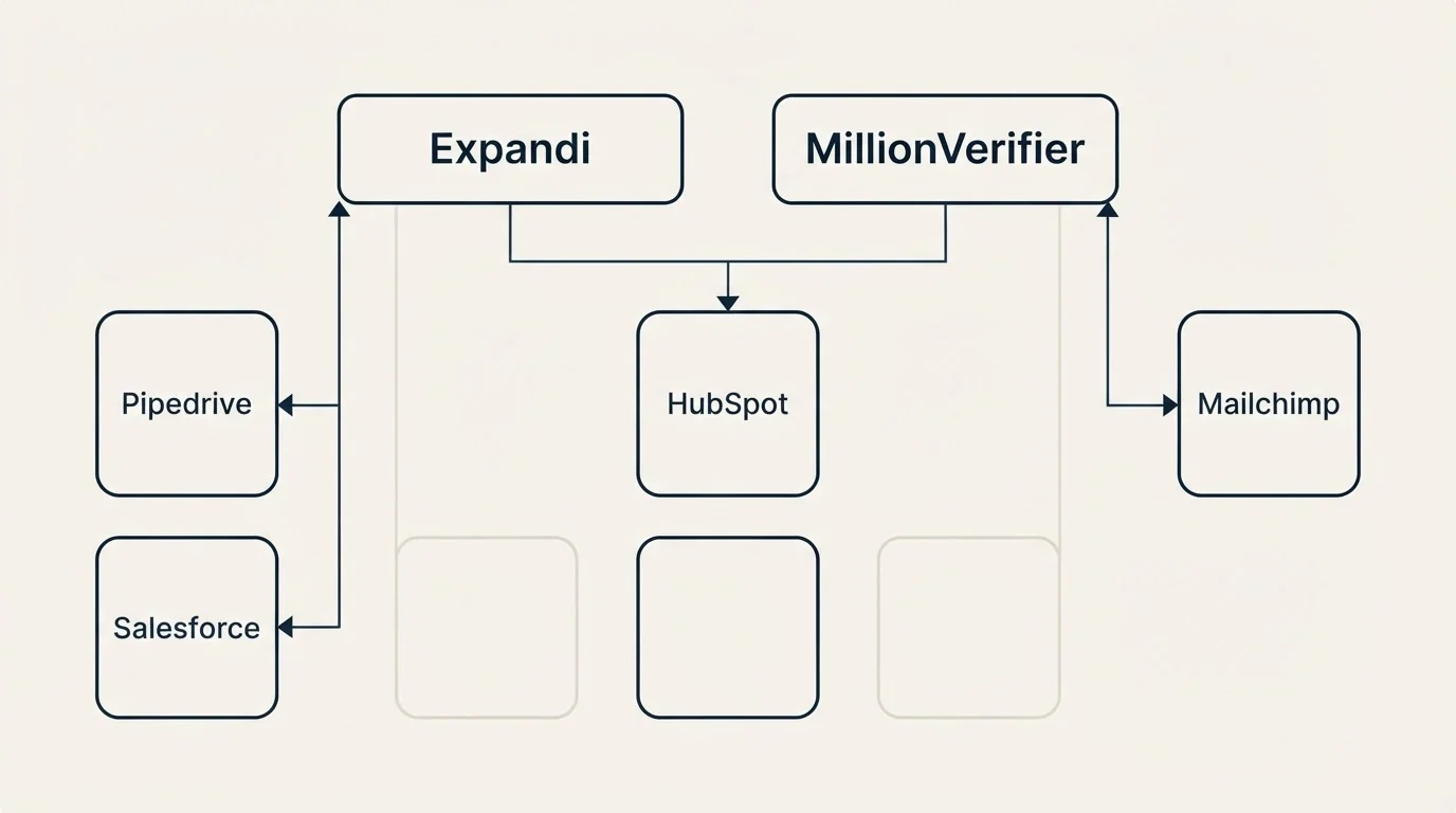 Integration grid: Integration Ecosystem (Expandi, MillionVerifier, HubSpot, Pipedrive)