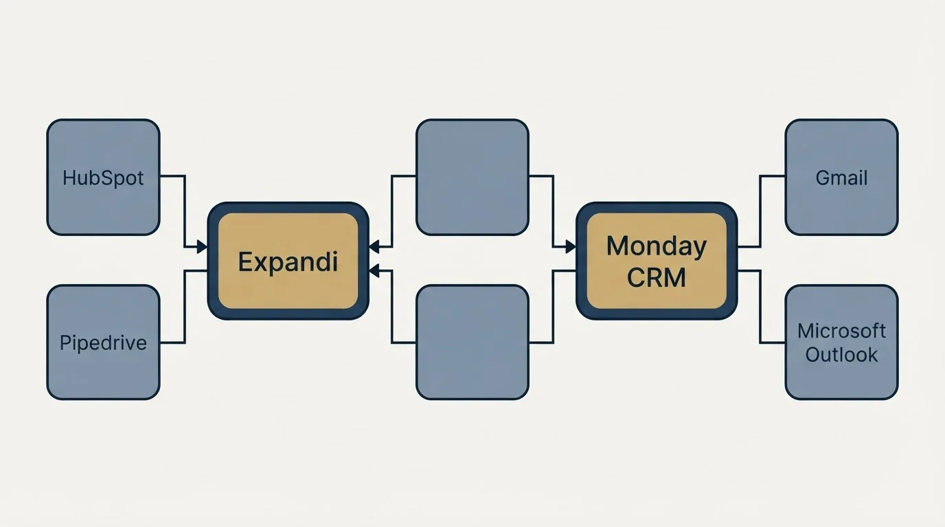 Integration flow: Integration Ecosystem (Expandi, Monday CRM, HubSpot, Gmail)