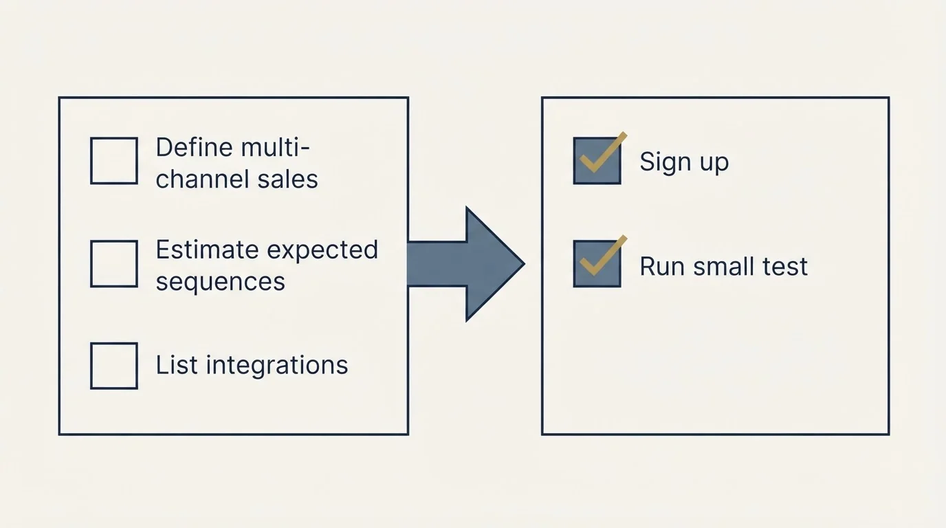 Before-and-after steps: Getting Started Checklist (Define multi-channel sales, Estimate expected sequences, List integrations, Sign up)
