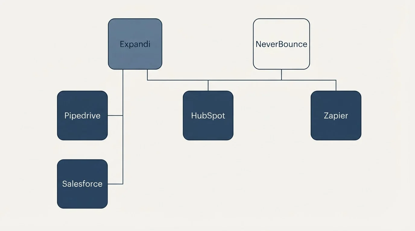 Integration grid: Integration Ecosystem (Expandi, NeverBounce, HubSpot, Pipedrive)