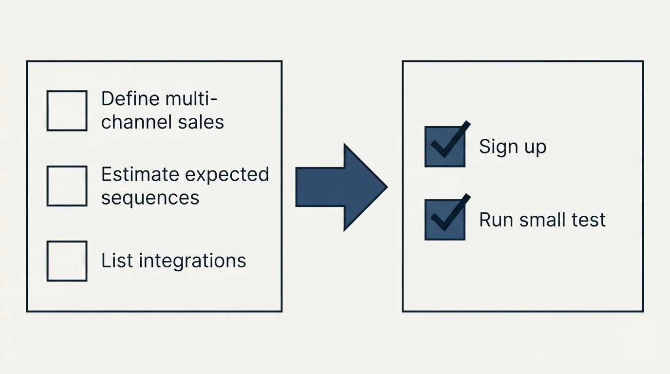 Before-and-after steps: Getting Started Checklist (Define multi-channel sales, Estimate expected sequences, List integrations, Sign up)