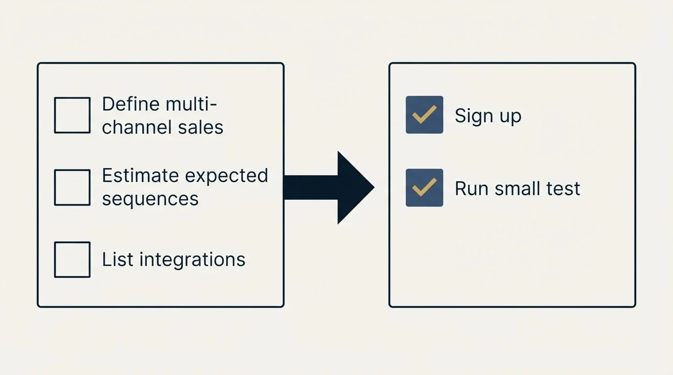 Before-and-after steps: Getting Started Checklist (Define multi-channel sales, Estimate expected sequences, List integrations, Sign up)