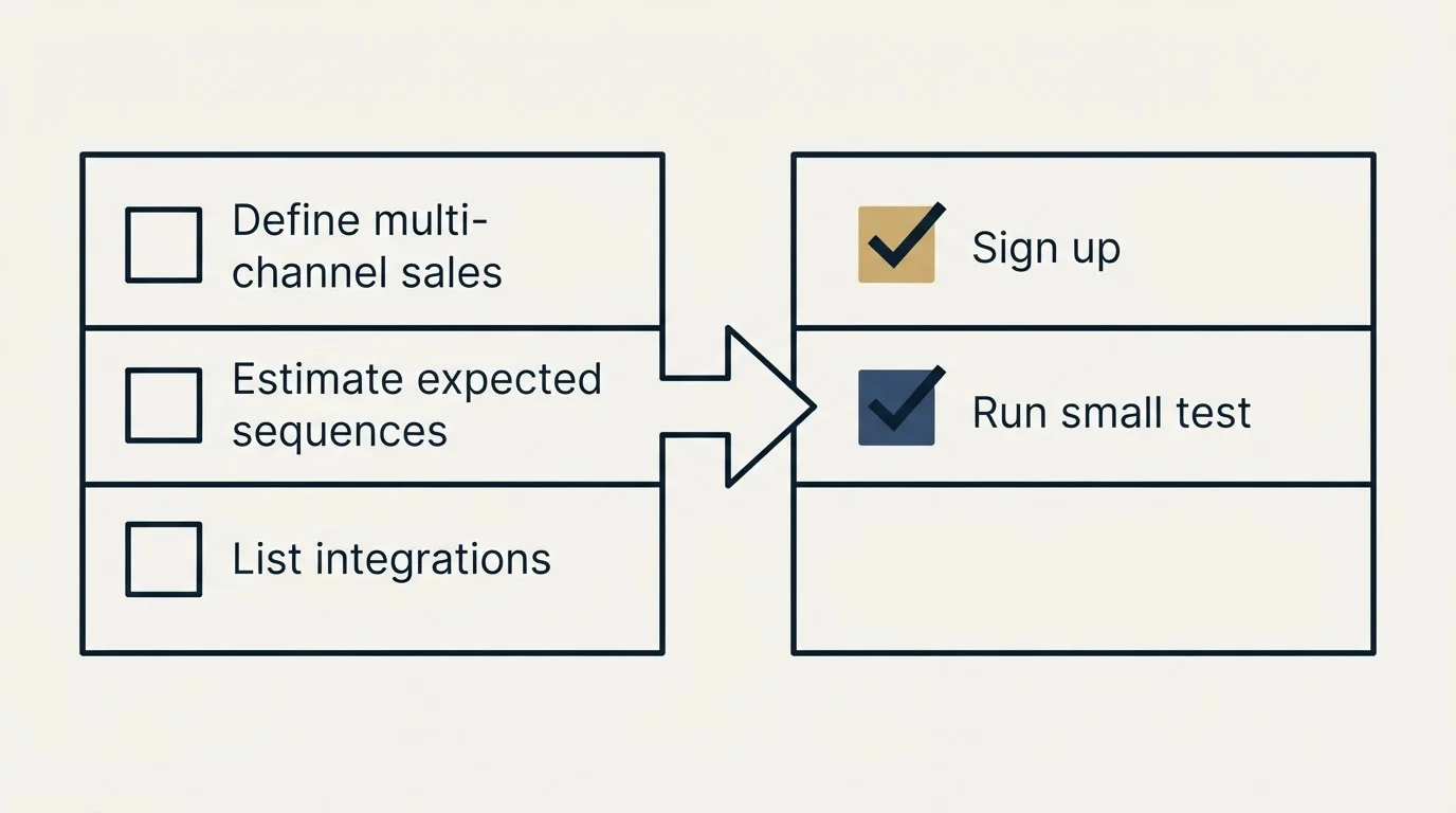 Before-and-after steps: Getting Started Checklist (Define multi-channel sales, Estimate expected sequences, List integrations, Sign up)