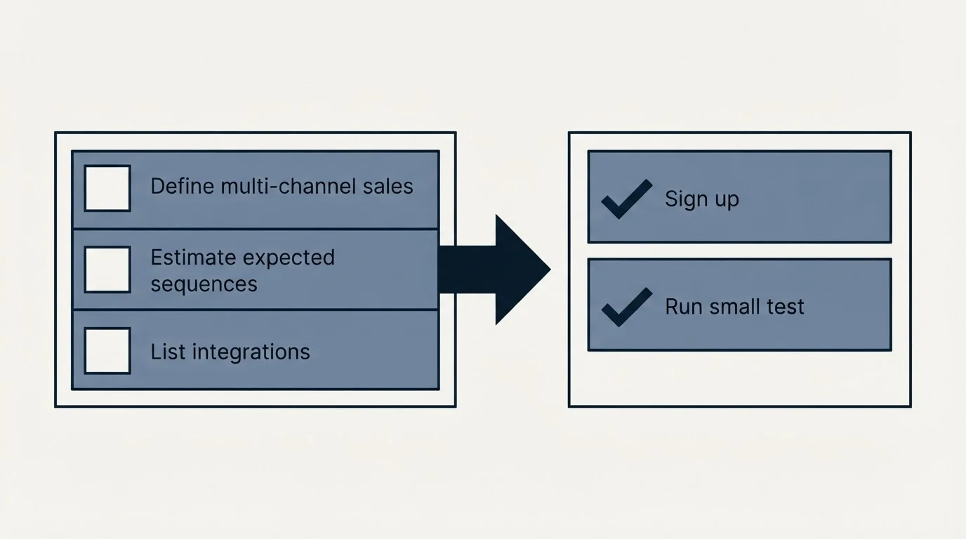 Before-and-after steps: Getting Started Checklist (Define multi-channel sales, Estimate expected sequences, List integrations, Sign up)